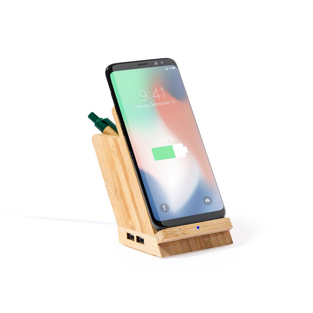 Chargeur sans fil en bambou 5W hub USB 2.0 porte-stylo support de t�l�phone