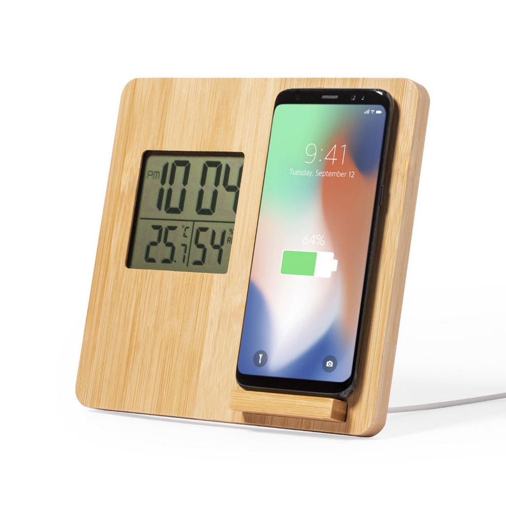 Chargeur sans fil en bambou 10W station m�t�o